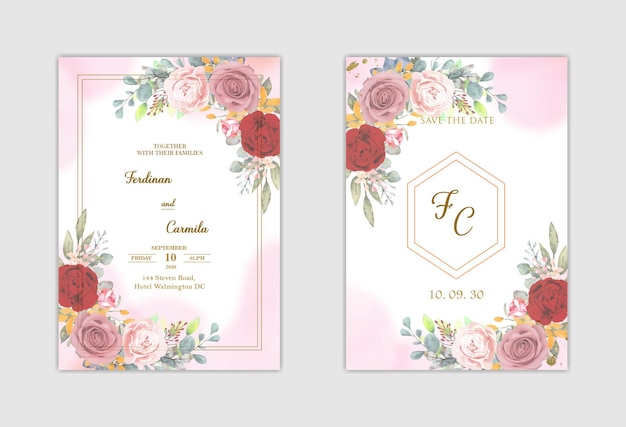 Convite de casamento branco elegante e salve a data com flor azul PSD Premium
