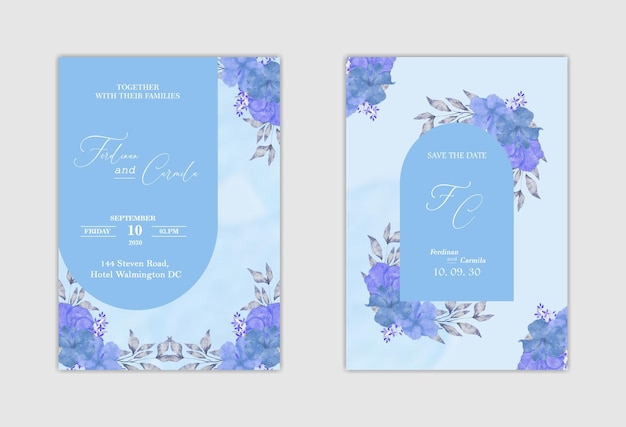 Convite de casamento branco elegante e salve a data com flor azul psd premium