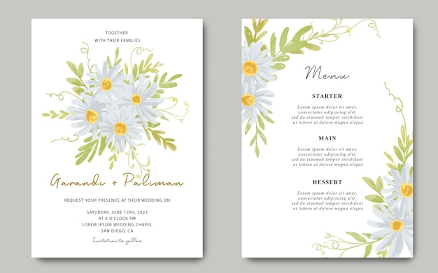PSD convite de casamento com buquê de flores em aquarela de margarida branca