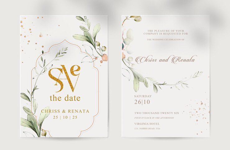 convite de casamento com buquês de vegetação de eucalipto em aquarela de beleza