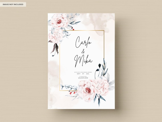 Convite de casamento com moldura floral de peônias aquarela
