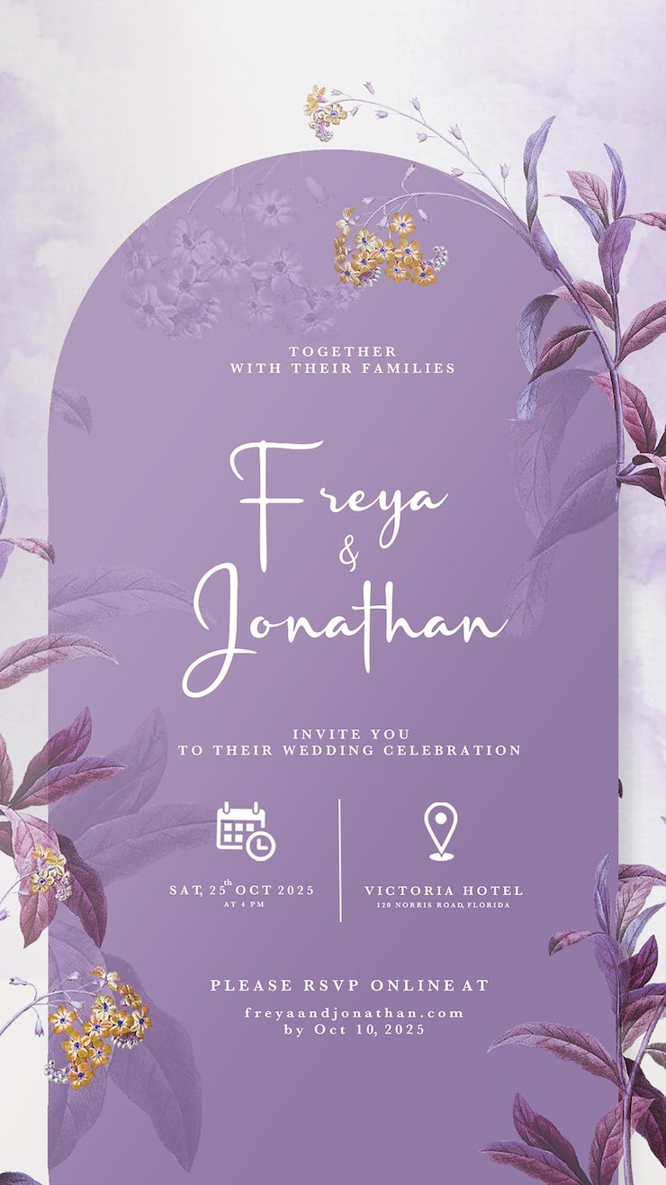 Convite de casamento digital com fundo roxo geométrico