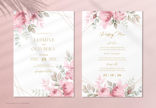 Convite de casamento e modelo de menu com lindas rosas e decoração de folhas