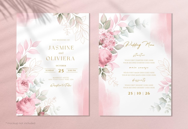 Convite de casamento e modelo de menu com lindas rosas e decoração de folhas