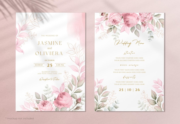 Convite de casamento e modelo de menu com lindas rosas e decoração de folhas