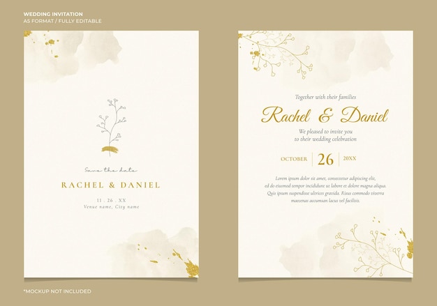 Convite de casamento elegante com ilustração de linha botânica e aquarela abstrata