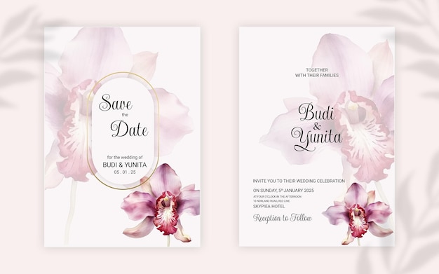 Convite de casamento em aquarela com lindas flores de rosas de orquídea