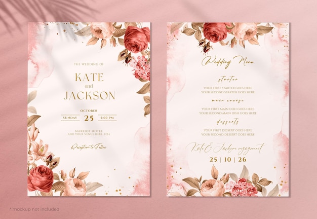 Convite de casamento floral e modelo de menu com decoração de flores vermelhas