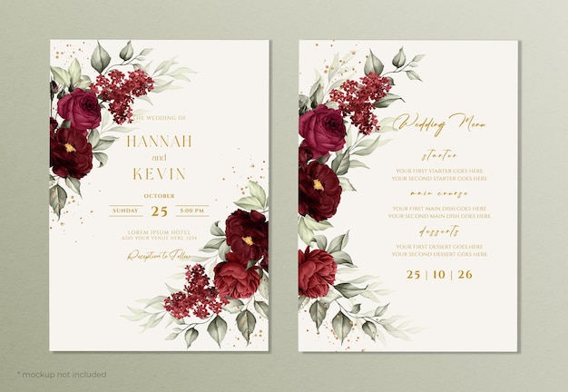 Convite de casamento floral e modelo de menu com rosas cor de vinho e decoração de folhas