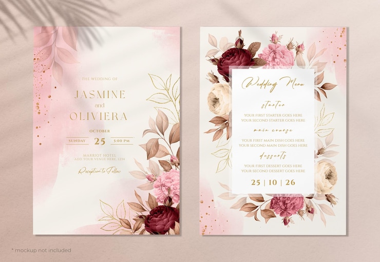 PSD convite de casamento floral e modelo de menu definido com bela decoração de flores e folhas