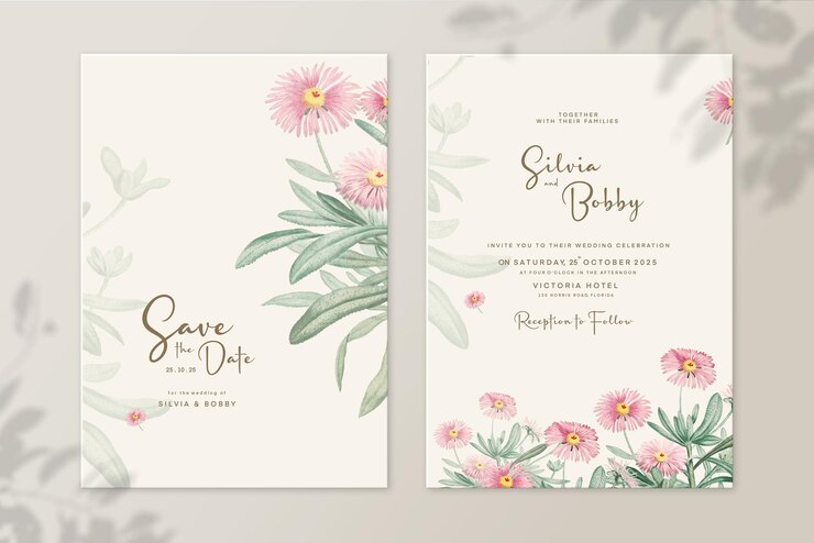 Convite de casamento floral e salve a data com flor rosa