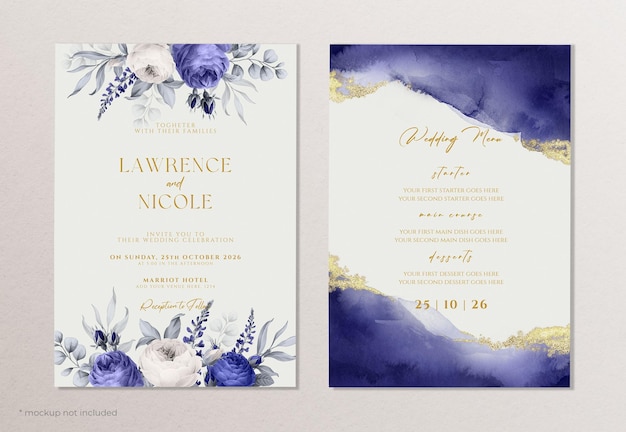 Convite de casamento floral elegante e modelo de menu com decoração de aquarela e folhas