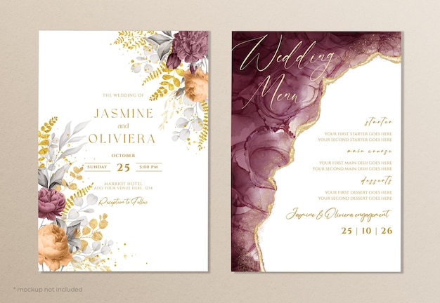 Convite de casamento floral elegante e modelo de menu com decoração de folhas de aquarela e ouro