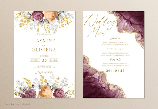 Convite de casamento floral elegante e modelo de menu com decoração de folhas de aquarela e ouro