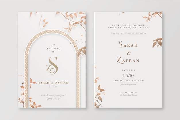 Convite de casamento floral islâmico com folhagem marrom