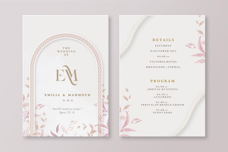 PSD convite de casamento floral islâmico com folhas em aquarela