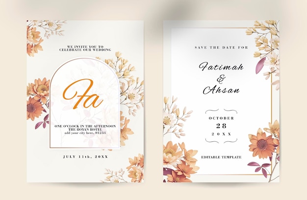 Convite de casamento floral minimalista e salve a data com lindas flores vintage em aquarela