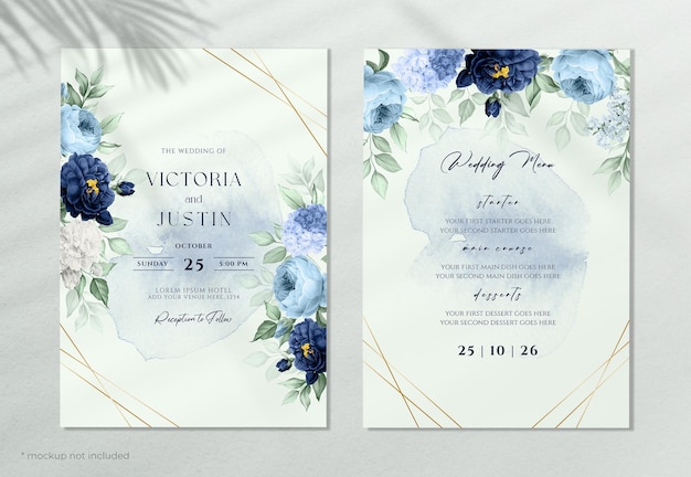 Convite de casamento floral romântico e modelo de cartão de menu
