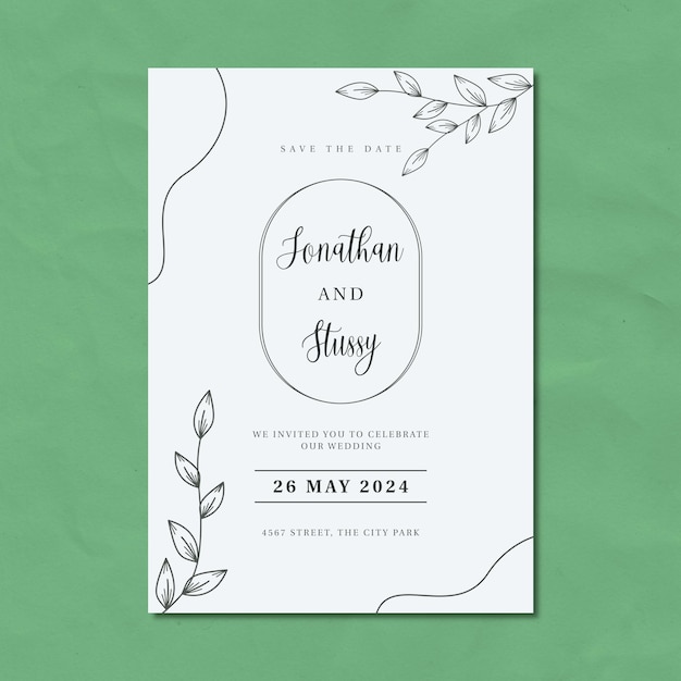 Convite de casamento minimalista ou cartaz com ornamento floral desenhado à mão em plano de fundo texturizado