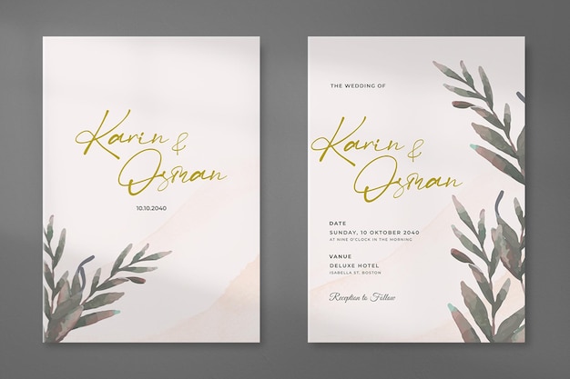 Convite de casamento moderno com aquarela de folhas marrons