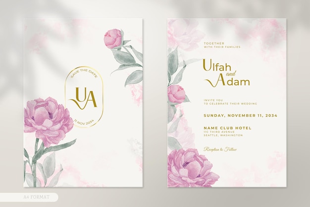 Convite de casamento moderno com ornamento de flor em aquarela rosa