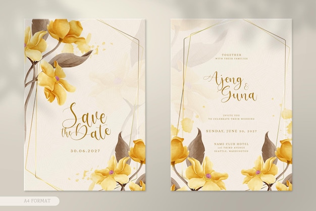 Convite de casamento moderno de dupla face com buquê de flores vintage marrom aquarela