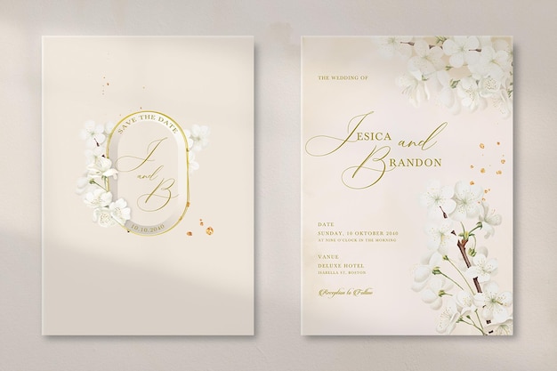 PSD convite de casamento moderno vintage flor branca