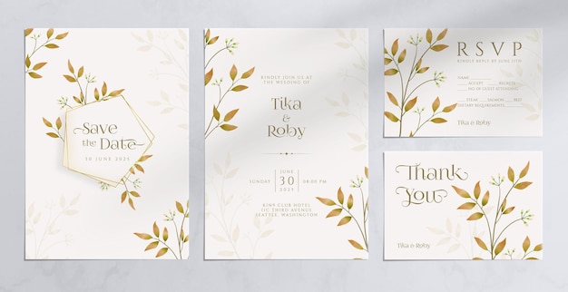Convite de casamento simples com ornamentos em aquarela de folhas verdes