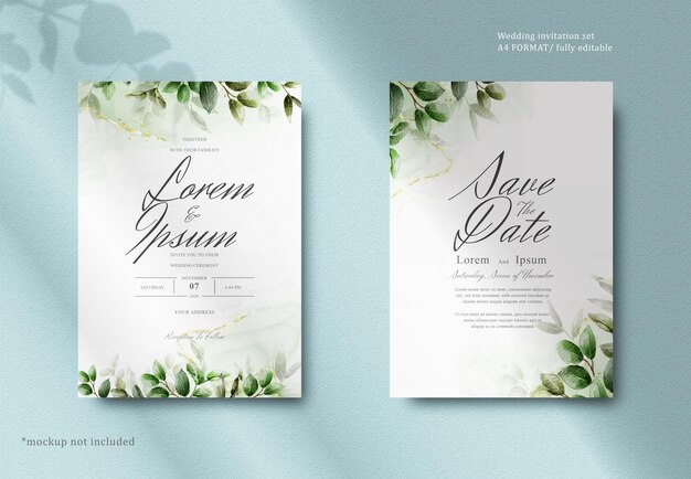 Convite de casamento verde com folhas desenhadas à mão e fundo aquarela