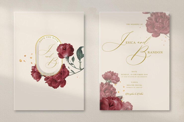 PSD convite de casamento vintage clássico com buquê de flores vermelhas