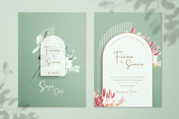 Convite de casamento vintage e salve a data com fundo verde