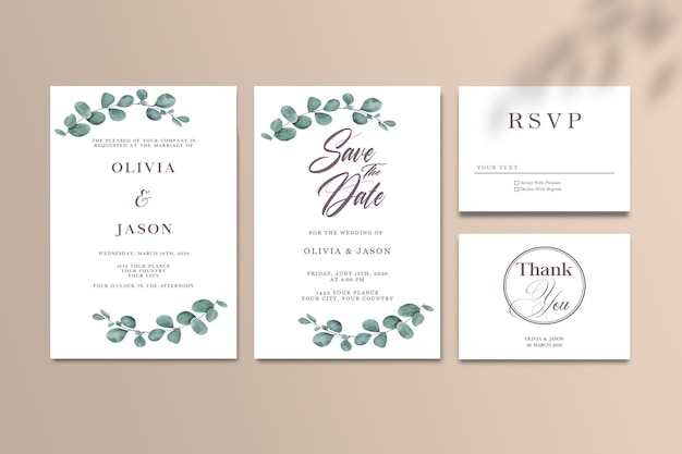 PSD convite de convite floral de vetor de casamento obrigado cartão rsvp conjunto de design em aquarela psd