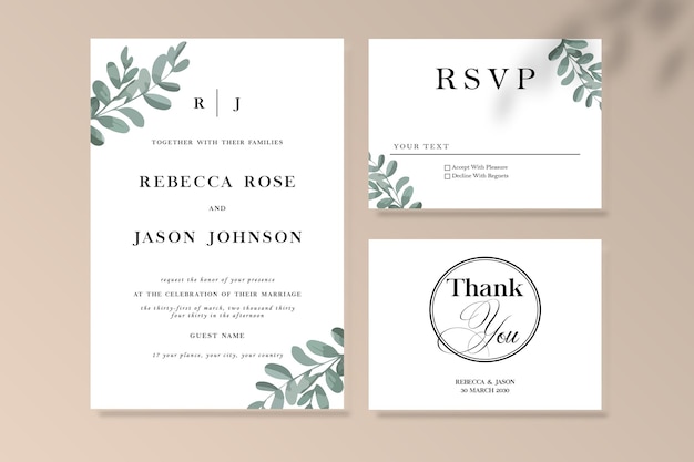 Convite de convite floral de vetor de casamento obrigado cartão rsvp conjunto de design em aquarela PSD