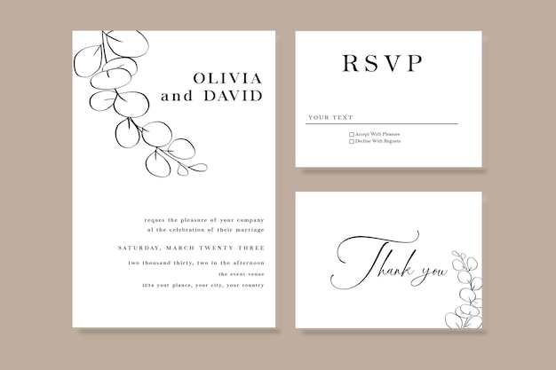 Convite floral de cor de água de casamento obrigado cartão rsvp conjunto de design em aquarela psd
