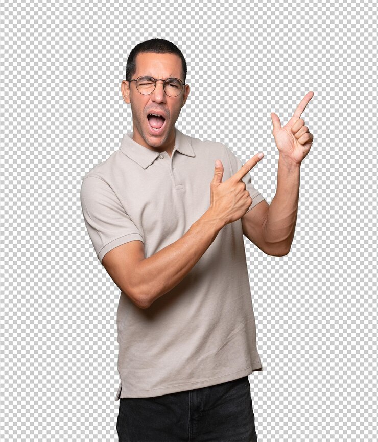 PSD cool joven apuntando con los dedos