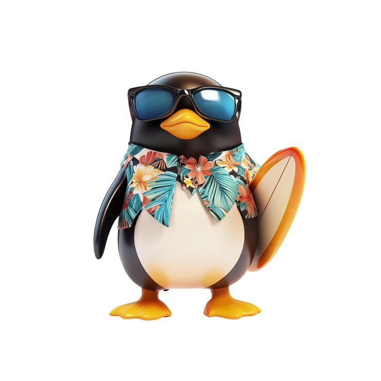 PSD cool penguin surfer dude con tabla de surf y camisa hawaiana