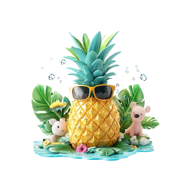 PSD cool pineapple summer fun fruita tropical con gafas de sol y animales lindos