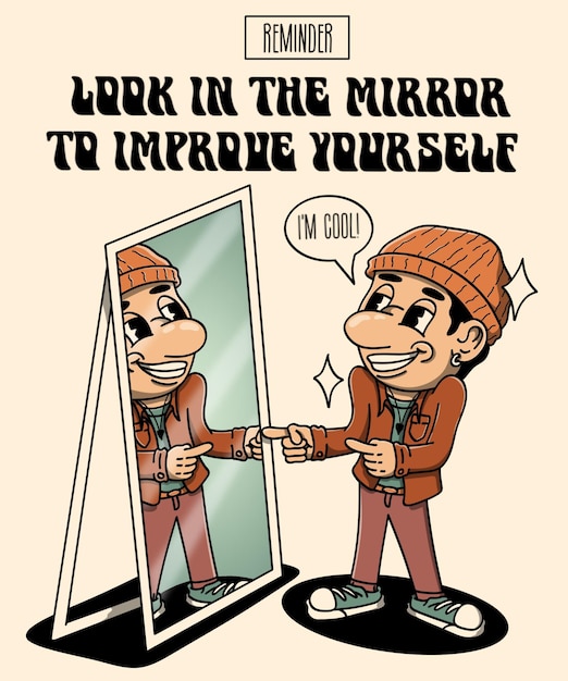Coole Cartoon-Illustration Ein Mann schaut sich vor dem Spiegel an