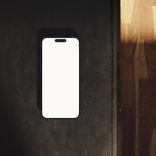 Cooler, dunkler smartphone-modellbildschirm, der für ihr design auf dem dunklen holztisch liegt