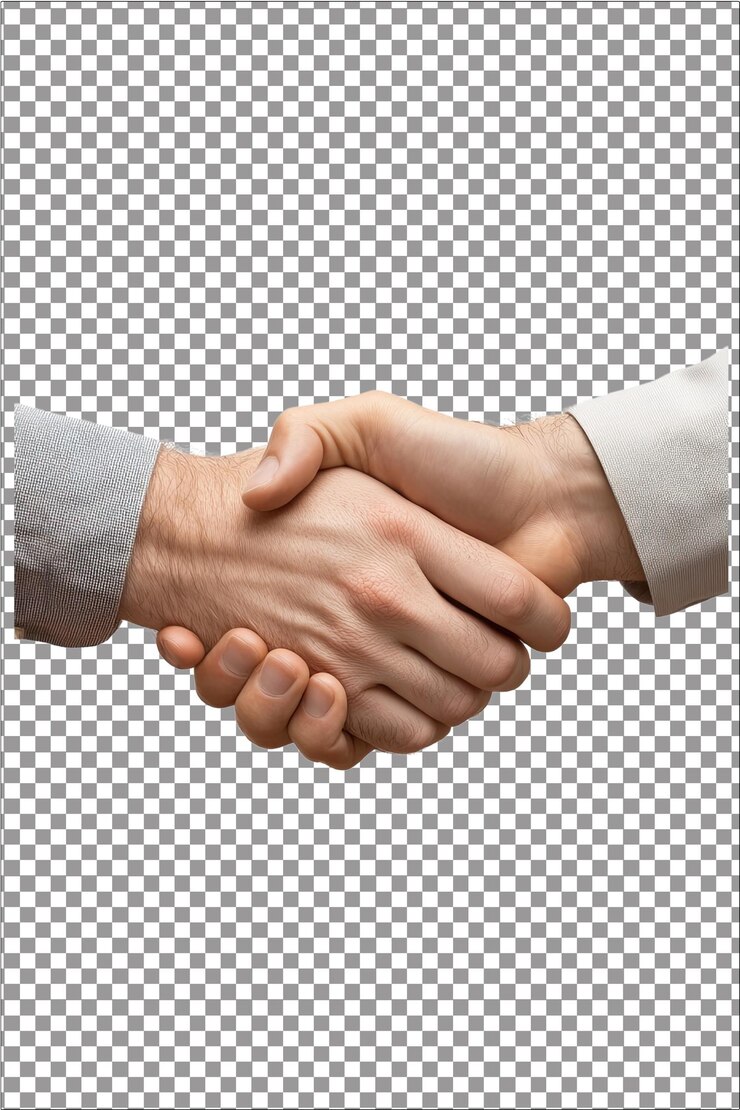 Cooperación apretón de manos Símbolo de asociación y apoyo mutuo Hiperrealista llanura blanca aislada