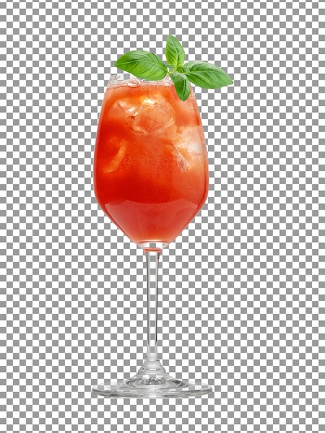 Copa de cóctel de tomate con hojas de menta sobre fondo transparente