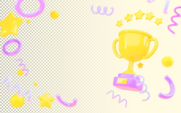 Copa do vencedor com confete de estrelas e espaço vazio no fundo amarelo renderização 3d Cartaz de desenho animado com prêmio de troféu de ouro ou prêmio para eventos esportivos Celebração e conceito de cerimônia ilustração 3D