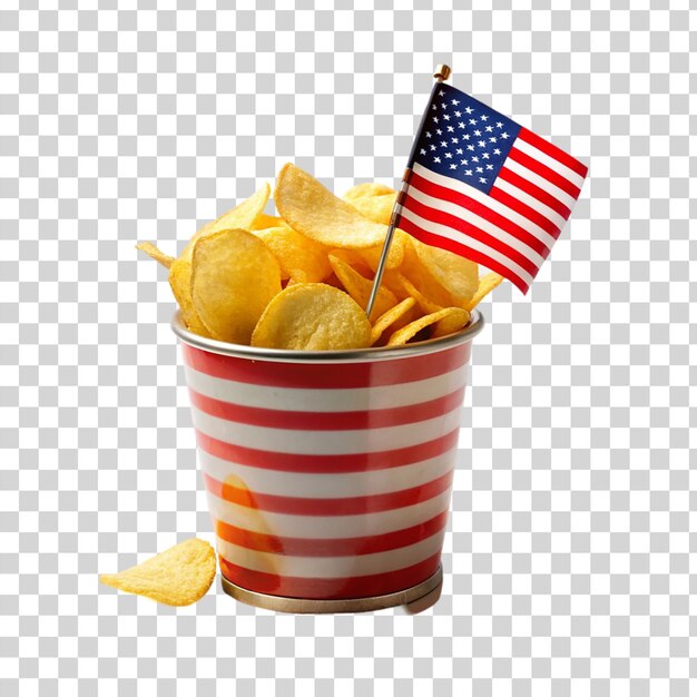 Copa patriótica de papas fritas con diseño de bandera estadounidense aislada sobre un fondo transparente