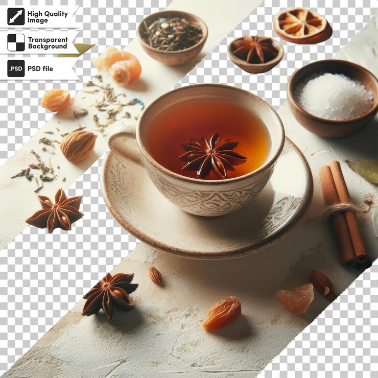 PSD una copa de té con una taza de té y nueces