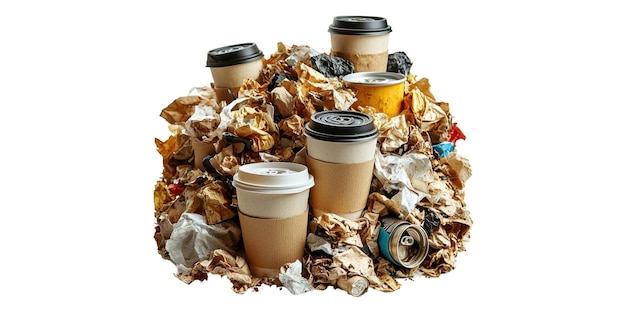 Copas de café desechables y basura aisladas sobre un fondo transparente