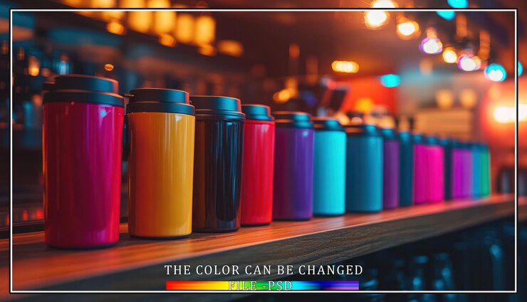 PSD copas de café reutilizables coloridas en un mostrador de bar iluminadas por lámparas calientes