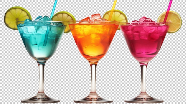 Copas de cóctel y bebidas de colores aisladas sobre un fondo transparente