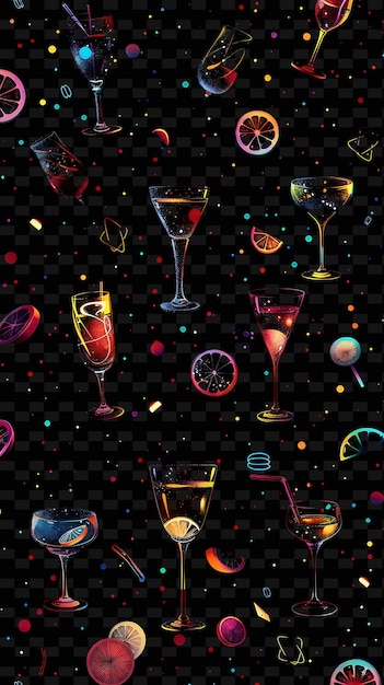 PSD copas de cóctel brillantes y elementos de fiesta esparcidos cocta y2k textura forma arte de decoración de fondo