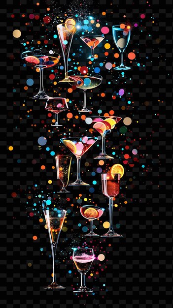 PSD copas de cóctel brillantes y elementos de fiesta esparcidos cocta y2k textura forma arte de decoración de fondo