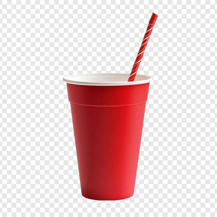 PSD copas de plástico rojas con paja rayada bebida refrescante